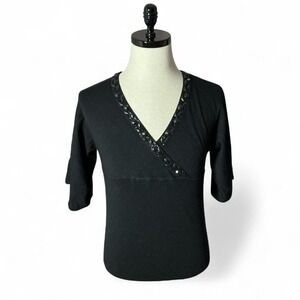 Y2K Style & Co Black Embellished V Neck 3/4 Sleeve Wrap Style Sweater Whimsigoth